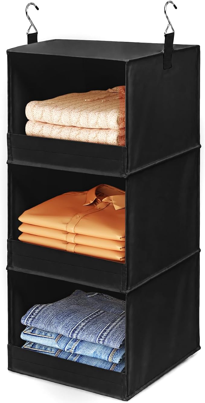 Lifewit RV Storage and Organization, Hanging Closet Shelves | 3 Shelf Front Anti-Slip Closet Organizers and Storage with 2 Sturdy Hooks, Vertical, Foldable, for Camper, Black 1 Pack by Lifewit