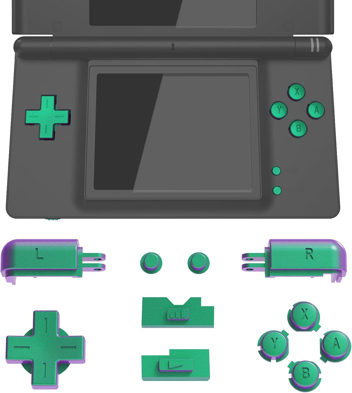 eXtremeRate Chameleon Green Purple Replacement Full Set Buttons for Nintendo DS Lite Handheld Console, Custom D-pad A B X Y Start Select R L Power Volume Keys for Nintendo DS Lite NDSL - No Console by eXtremeRate