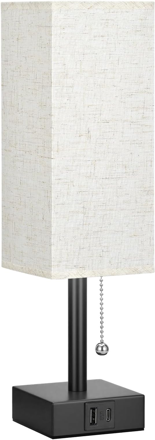 Small Bedside Table Lamp for Bedroom - Desk Lamp For Nightstand, USB C+A | Pull Chain Lamp, 3 Color Modes(3000K/4000K/5000K), E26 LED Bulb Included, Square Beige Fabric Lampshade, for Read, Work, Dorm - Image 8