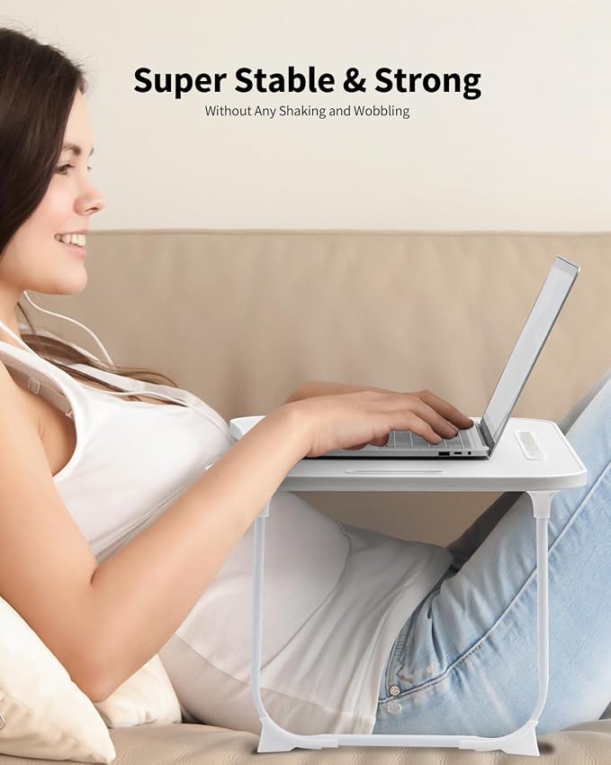 Foldable Lap Desk, Laptop Bed Desk, Portable Lap Table, Laptop Bed Table with Cup Holder & Tablet Slot & Lifting Handle for Working Writing Drawing & Eating - White - Image 2