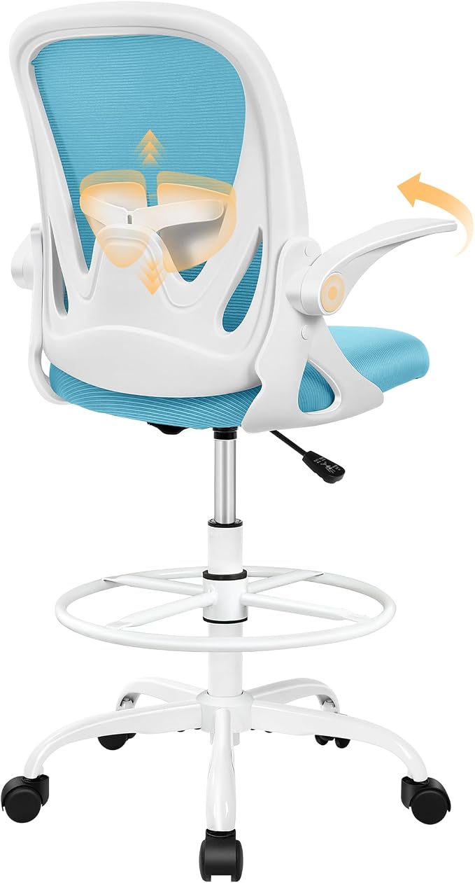 Drafting Chair Tall Office Chair with Flip-up Armrests Executive Ergonomic Computer Standing Desk Chair with Lumbar Support and Adjustable Footrest Ring（Blue） by Primy