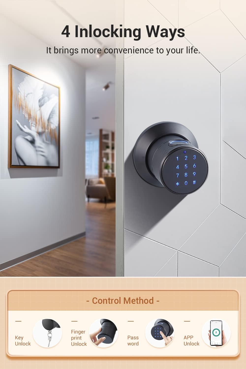 Buoan 4-in-1 Smart Fingerprint Door Knob with Keypad, Black - Image 3