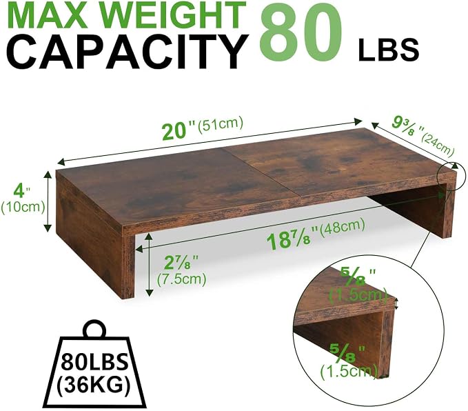 TEAMIX 2-Pack Monitor Stand Riser 20 inch, Wooden Tabletop Shelf, Brown | For 2 Monitors, Laptop, Printer, TV, PC Tower, Rustic Brown Monitor Riser with Storage, Computer Stand Ergonomic Design - Image 4