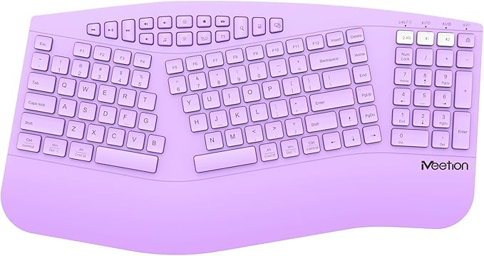 MEETION Wireless Ergonomic Keyboard, Split Design with Wrist Rest, Purple | Comfortable split keyboard with Bluetooth connection, rechargeable and wrist rest, ideal for home office and computer use by MEETION