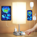 Touch Bedside Table Lamp for Bedroom - Dimmable, USB C+A, 2 AC Outlets | 3-Way Dimming, 3000K Bulb Included, Square Grey Lampshade and Silver Base, Desk Lamp for Nightstand, Living Room, Dorm by Aooshine