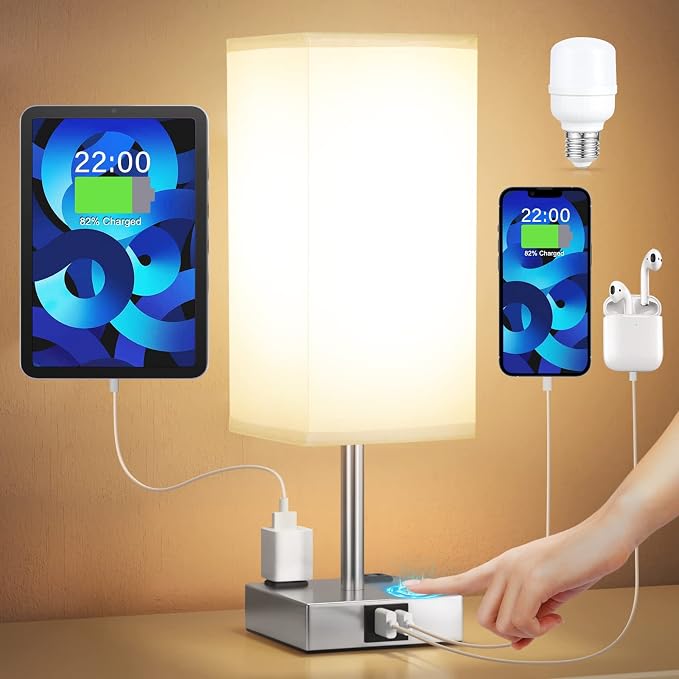 Touch Bedside Table Lamp for Bedroom - Dimmable, USB C+A, 2 AC Outlets | 3-Way Dimming, 3000K Bulb Included, Square Grey Lampshade and Silver Base, Desk Lamp for Nightstand, Living Room, Dorm by Aooshine