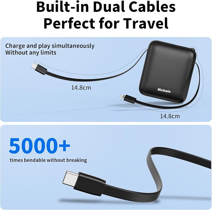 Hichain Small Portable Charger Mini Power Bank 10000mAh 22.5W Black | Built in Cables & LED Display USB-C Fast Charging Battery Pack, Travel Essential Power Bank for iPhone, iPad, Android - Image 6