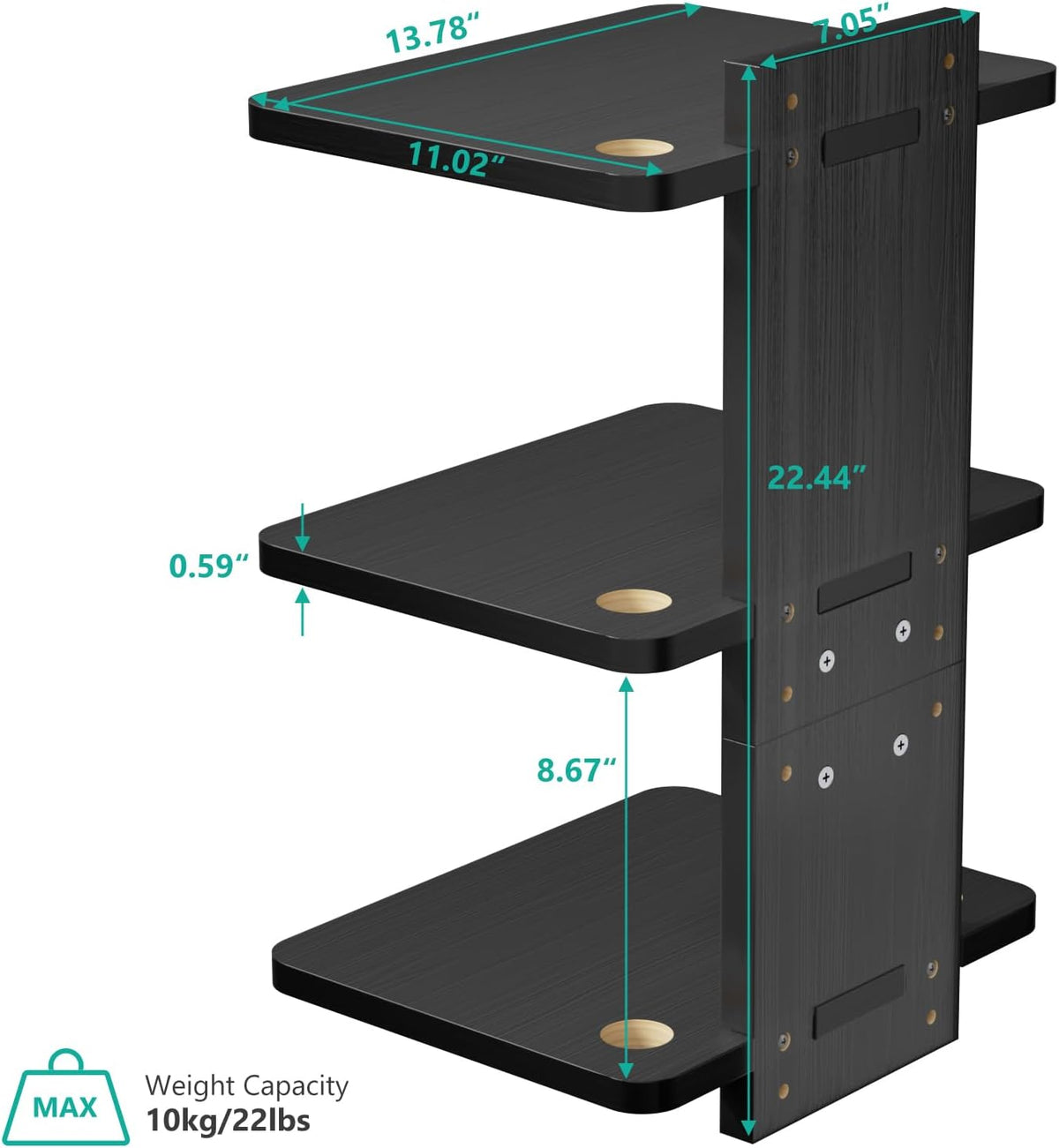 WALI Floating TV Projector Shelf, Holds Up to 22lbs, Black Floating Shelf for Under TV for DVD Players, Cable Boxes, Routers, Game Consoles, PlayStation Accessories (CS303NB), 3 Shelf - Image 2