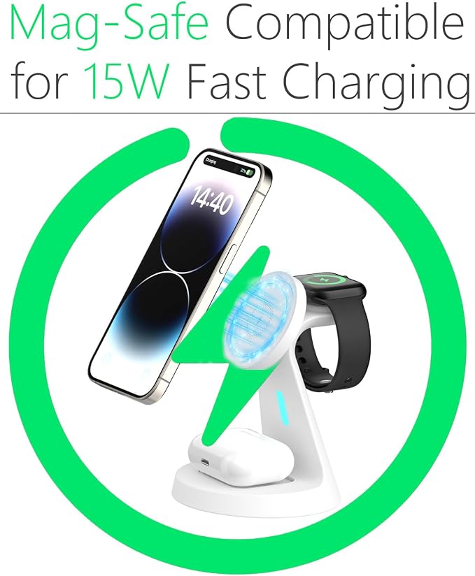 Wireless Charger,3 in 1 Charging Station,15W Phone Charger Stand | Compatible with Mag-Safe Charger for iPhone 17/16/15/14/13/12 Series, Apple Watch, AirPods (Adapter Included) - Image 3