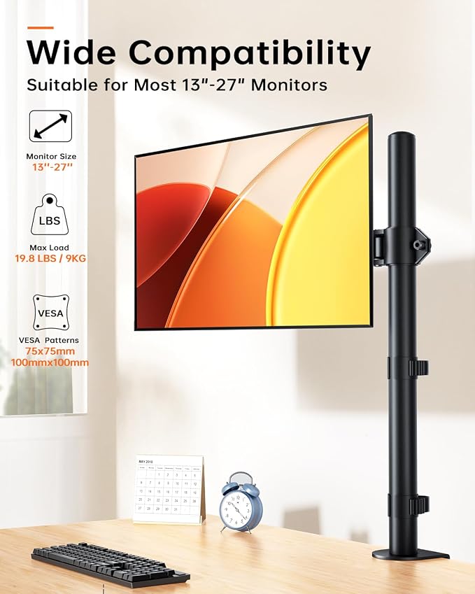 Extra Tall Monitor Arm for 13-27" Monitors, 31.5" Pole, Height Adjustable | Full-motion adjustment with swivel, tilt and rotation, supports up to 17.6 lbs, VESA 75x75-100x100mm, C-clamp mount - Image 3