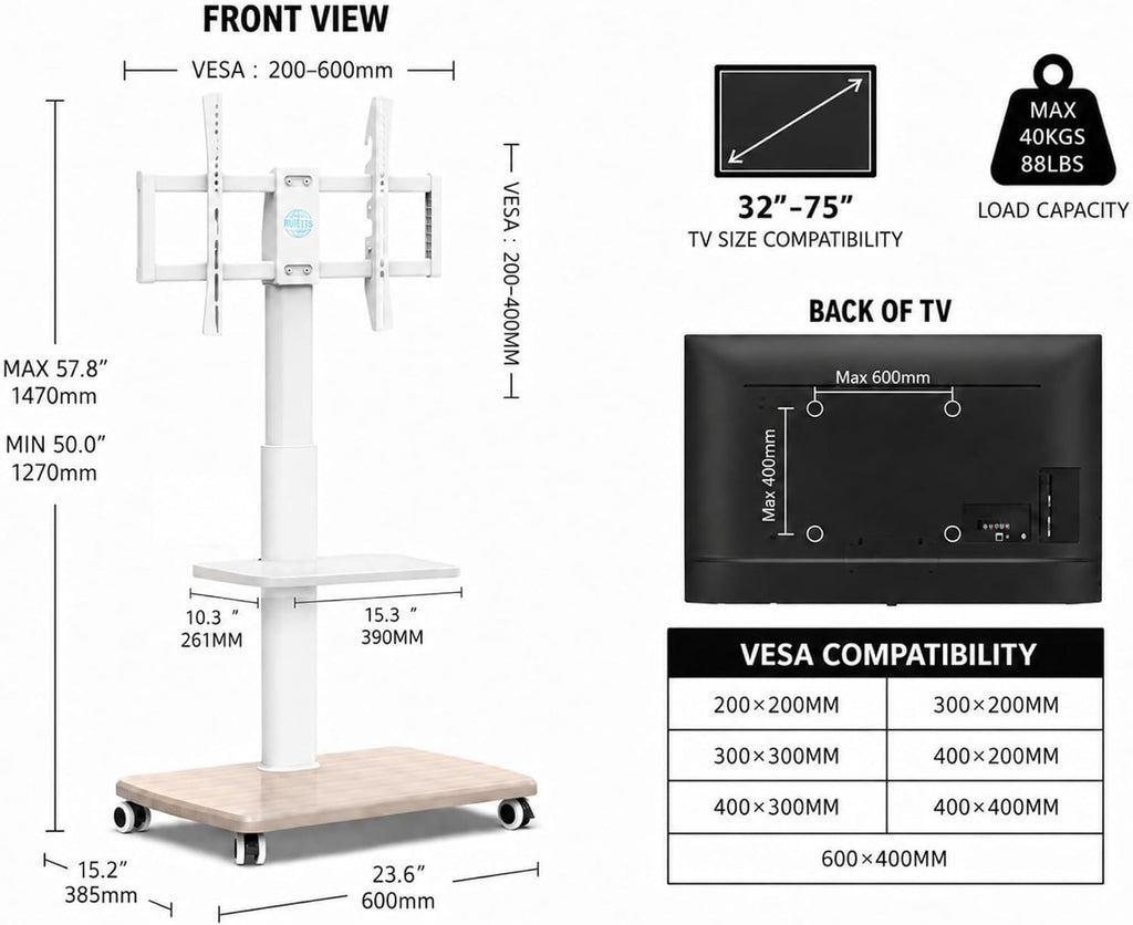 FITUEYES Rolling TV Stand for 32-75 Inch TVs with Swivel Mount, White - Image 5