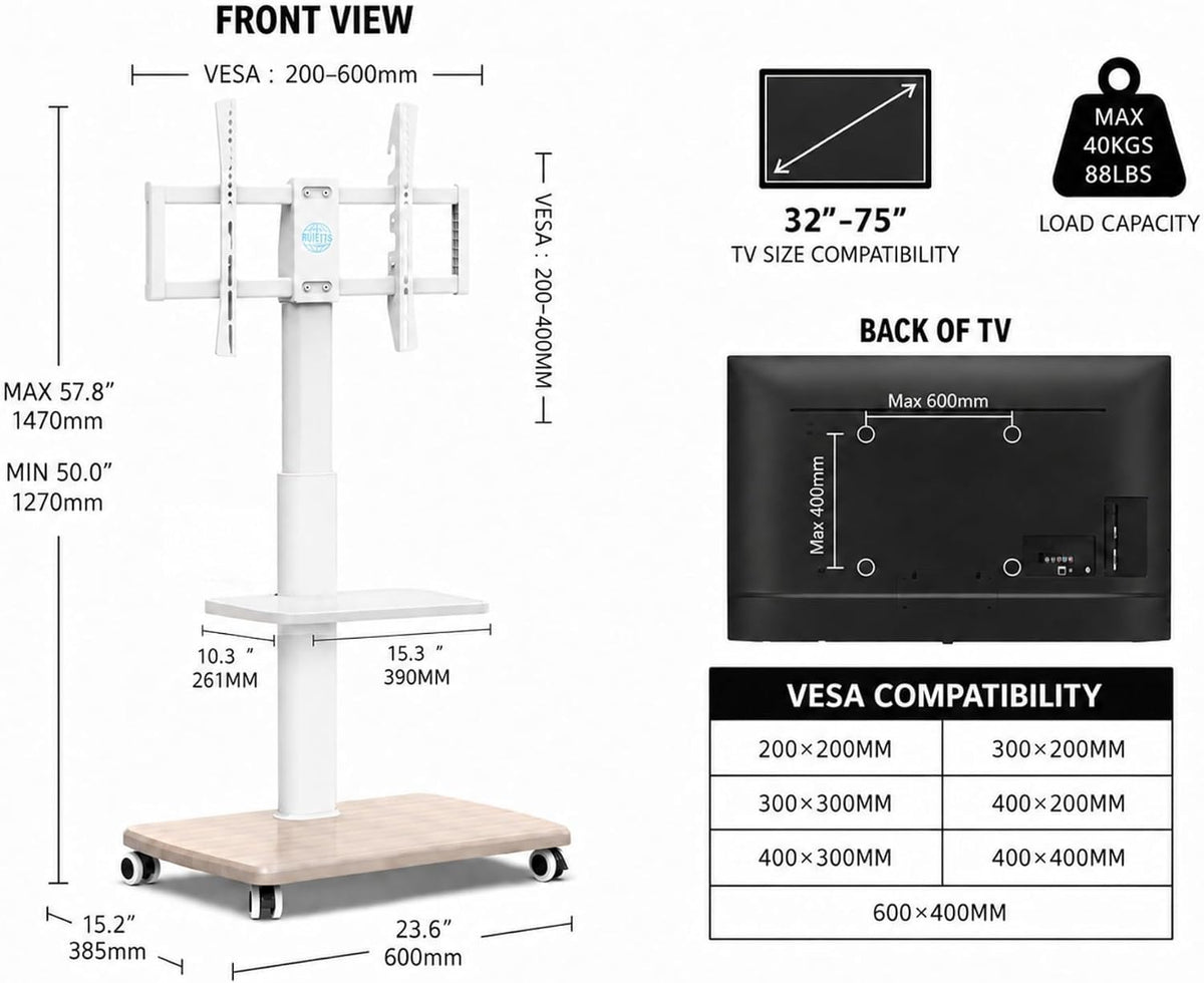 FITUEYES Rolling TV Stand for 32-75 Inch TVs with Swivel Mount, White - Image 5