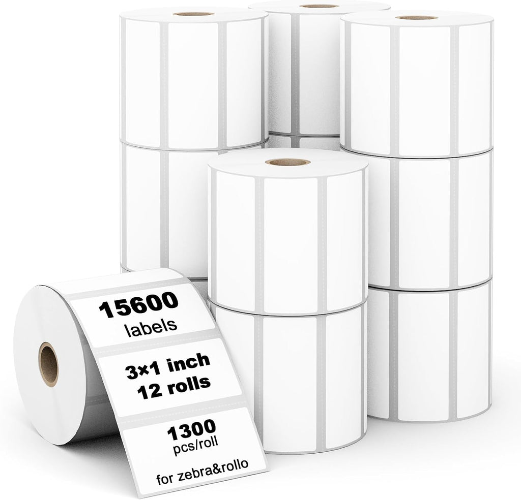 (15600 Labels/12 Rolls) Labelebal 3-Proof 1" Core 12 Rolls 3" x 1" Inch Direct Thermal Labels & Stickers,Address Shipping Labels Compatible with Rollo & Zebra Desktop Printers Adhesive by Labelebal