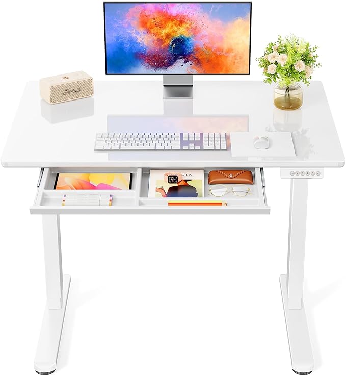 Marsail Glass Standing Desk with Drawer 37 x 22 Inches Stand up Desk Standing Desk Adjustable Height with One-Piece Tempered Glass Top, Ergonomic Home Office Desk with 4 Preset Heights White by Marsail