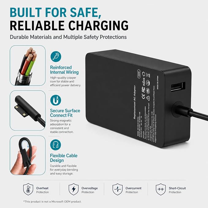65W Surface Pro Charger Compatible with Microsoft Surface Pro 11/10/9/8/7+/7/6/5/4/3/X, Surface Laptop 7/6/5/4/3/2/1, Surface Go 4/3/2/1, Surface Book 3/2/1, 10FT Power Adapter with USB Port - Image 4