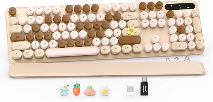 Wireless Keyboard, Round Keycaps, Retro Typewriter Keyboard with Magnetic Wrist Rest, Sleep Mode, Foldable Legs, 2.4GHz Full-Size Cordless Computer Keyboard for Windows PC, Laptop (Beige & Brown) by SABLUTE