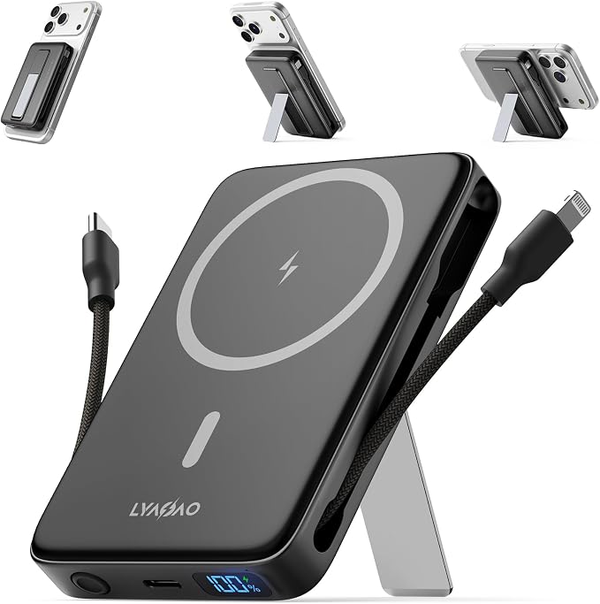 Magnetic Portable Charger 10000mAh, 22.5W Power Bank with Built in Cable | Foldable Stand,20W Fast Charging for Magsafe Battery Pack with LED Display, Travel Essential for iPhone 17/16/15/14/13/12 Pro by Unknown