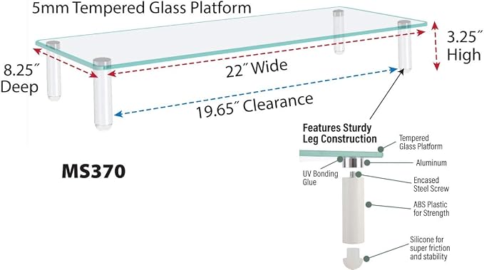 Kantek Glass Monitor Riser with 5mm Tempered Glass Platform and 40-Pound Capacity, 22-Inch W x 8.25-Inch D x 3.25-Inch H, Clear Glass (MS370) - Image 3