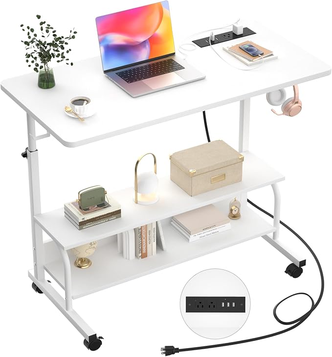 32" Rolling Standing Desk with Charging Station for Couch Bed | Height Adjust 27.5-41", 2 AC/3 USB, Mobile 4 Lockable Wheels, 2-tier Shelves Hook, Safe Corner Fast Assembly by Armocity