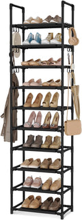 VTRIN 10 Tiers Tall Shoe Rack Holds 20-25 Pairs of Shoes Sturdy Vertical Shoe Organizer with 18pcs Hooks Stackable Narrow Shoe Rack for Closet, Entryway Black by VTRIN