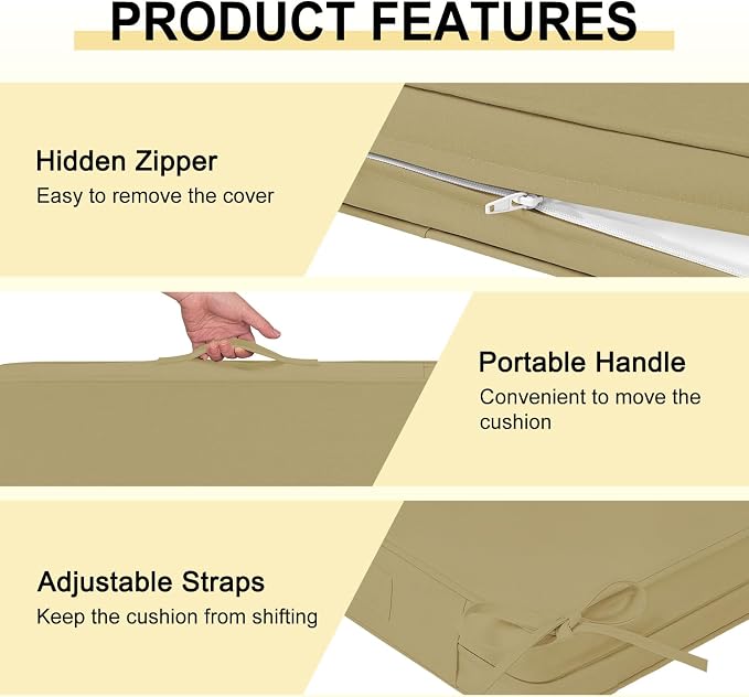 downluxe Waterproof Outdoor Chair Cushions for Patio Furniture, 22" x 22" x 3" Patio Chair Cushion with Adjustable Ties & Portable Handle, Square Outdoor Cushion with Removable Cover, Khaki, 2 Pack - Image 6