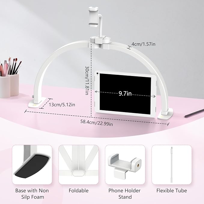 Yokilly Half Moon Light for Nail Desk: 23" Foldable Nail Light for Desk | Arch Nail Tech Light with Phone Holder for Beginner - 3 Color Modes & 10 Brightness for Manicure Salon-White - Image 4