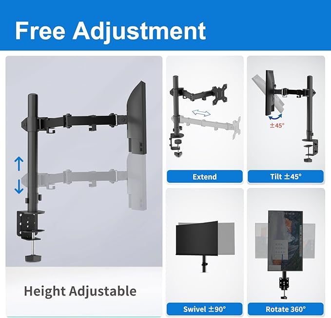 H&C(hcck&Cllassp) Single Monitor Mount, Desk Mount with Swivel, Tilt, Rotation, Height Adjustable, VESA Mount for 17-27” Monitors up to 17.6 lbs, Monitor Stand with C-Clamp, Black - Image 3