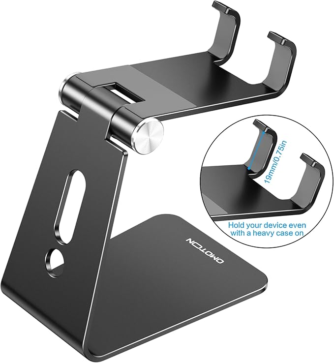 OMOTON C2 Adjustable Aluminum Cell Phone Stand with Charging Cutout, Black | Sturdy 3mm Base with Non-Slip Silicone Pads, Multi-Angle, Works with 19mm Thick Cases Smartphones, Desktop Recording Facetime - Image 2