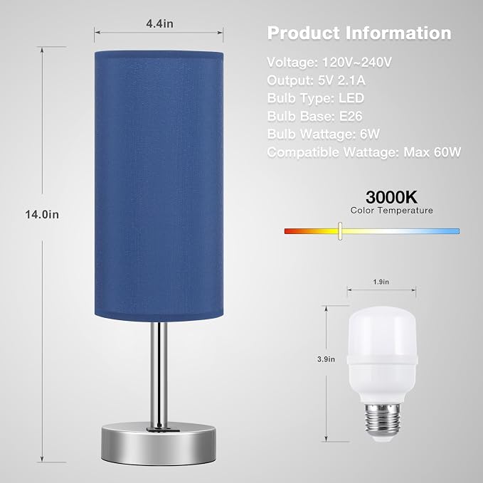 Blue Touch Table Lamp for Bedroom - Bedside Desk Lamp for College Dorm | USB A+C Ports, 3-Way Dimmable, LED Bulb Included, Navy Blue Lampshade, Silver Metal Base, Compact 14" Night Stand Lamp - Image 4
