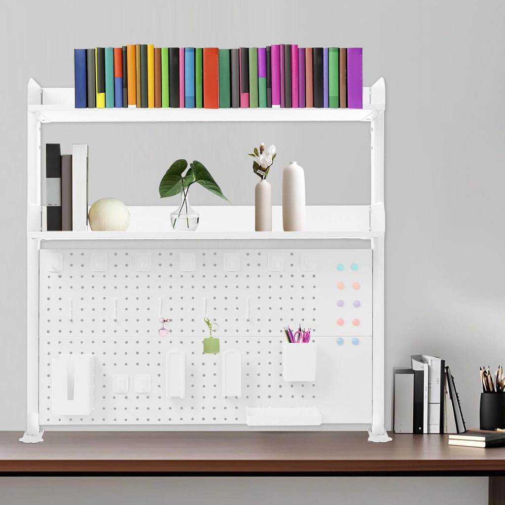 Clamp on Desk Shelf with Pegboard, 39.37" Wide Modern Desktop Organizer Bookshelf with 2 Tier Adjustable Storage Shelf for Home Office Desktop Shelving System - Image 2