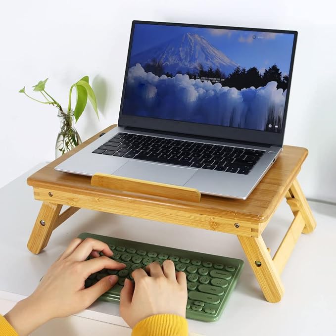 WKWKER Bamboo Laptop Desk with Folding Legs Tilting Surface Workstation Table Adjustable Laptop Stand Bed Tray for tv Sofa Study Computer Ipad Book (Natural) - Image 3