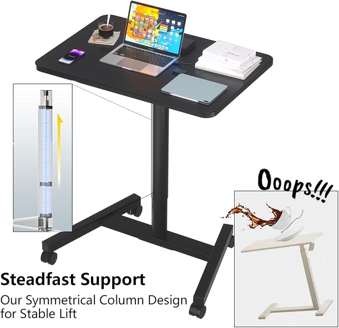 28-Inch Mobile Standing Desk, Adjustable Computer Desk, Portable Standing Desk with Lockable Wheels, Rolling Table for Home Office Classroom Hospital (Jet - Black) - Image 6