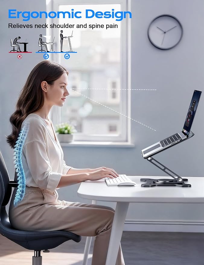 JCZT 360° Rotating Laptop Stand for Desk, Metal Foldable Laptop Riser Black | Ergonomic Portable Adjustable Laptop Stand, Ventilated Cooling Notebook Holder for MacBook Air Pro, All 10-16'' Laptops - Image 3