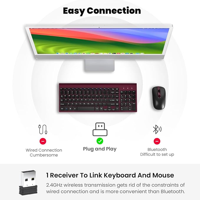 cimetech Wireless Keyboard and Mouse Combo - Burgundy Black | Compact quite scissor-switch keyboard with optical mouse, includes USB-A Nano Receiver, for Computer,Mac,Laptop,PC,Windows - Image 8