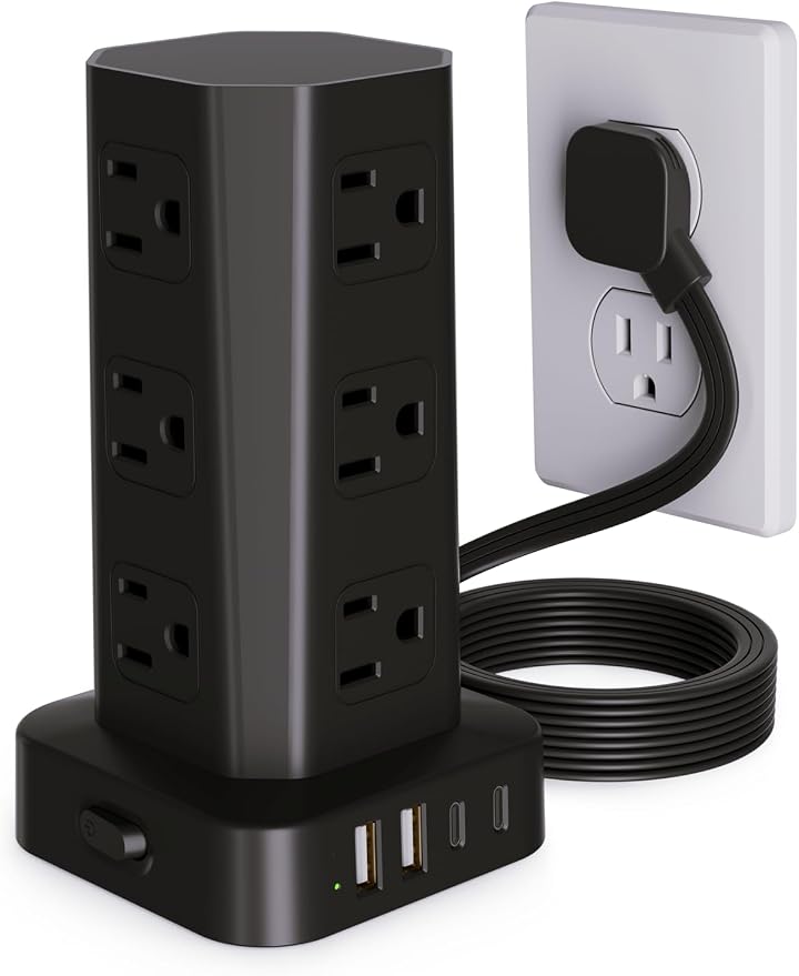 Power Strip Tower Surge Protector, 10FT Flat Plug Extension Cord with Multiple Outlets, 12 AC Outlets 4 USB (2 USB C), Desktop Surge Protection Tower for Home Office Dorm Room, Black by KZNXCVI