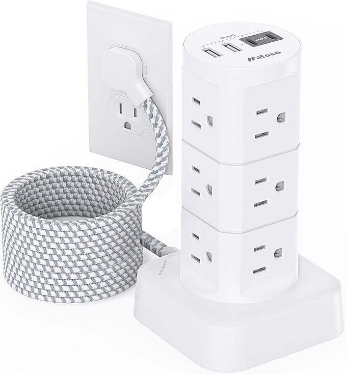 Surge Protector Power Strip Tower, 10FT Extension Cord, Slim Flat Plug | Office Desk Supplies, with Multiple Outlets(12 AC Outlets), 1875W/15A Overload Protection, Dorm Room Essentials by Mifaso