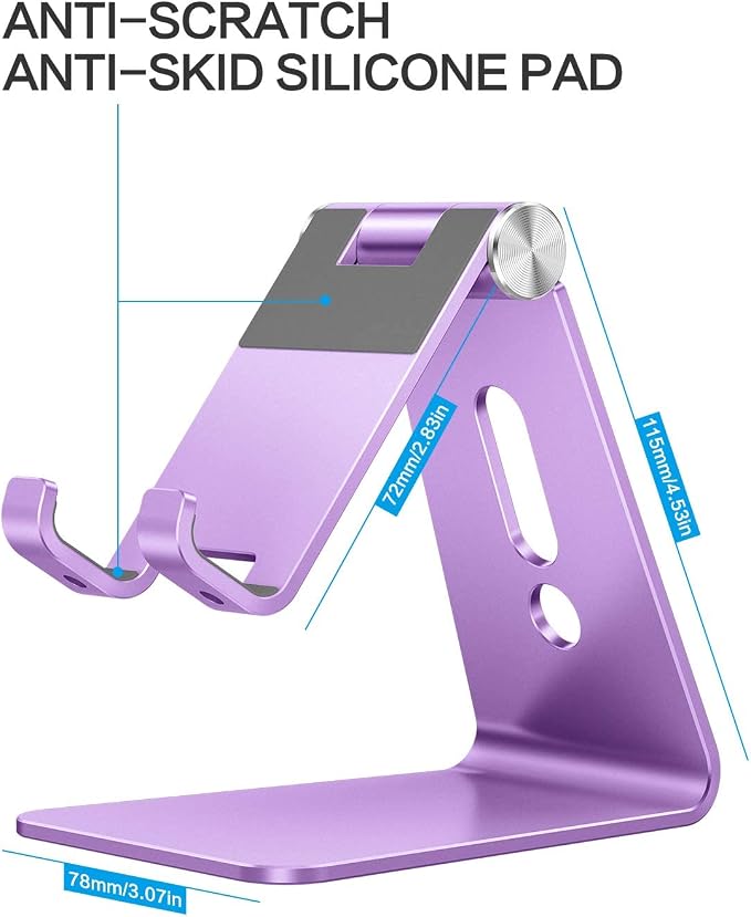 OMOTON C2 Adjustable Aluminum Cell Phone Stand with Charging Cutout, Purple | Sturdy 3mm Aluminum, Charging Port, 270° Adjustable, Non-Slip Silicone Pads, Works with Thick Cases, for All Smartphones - Image 4