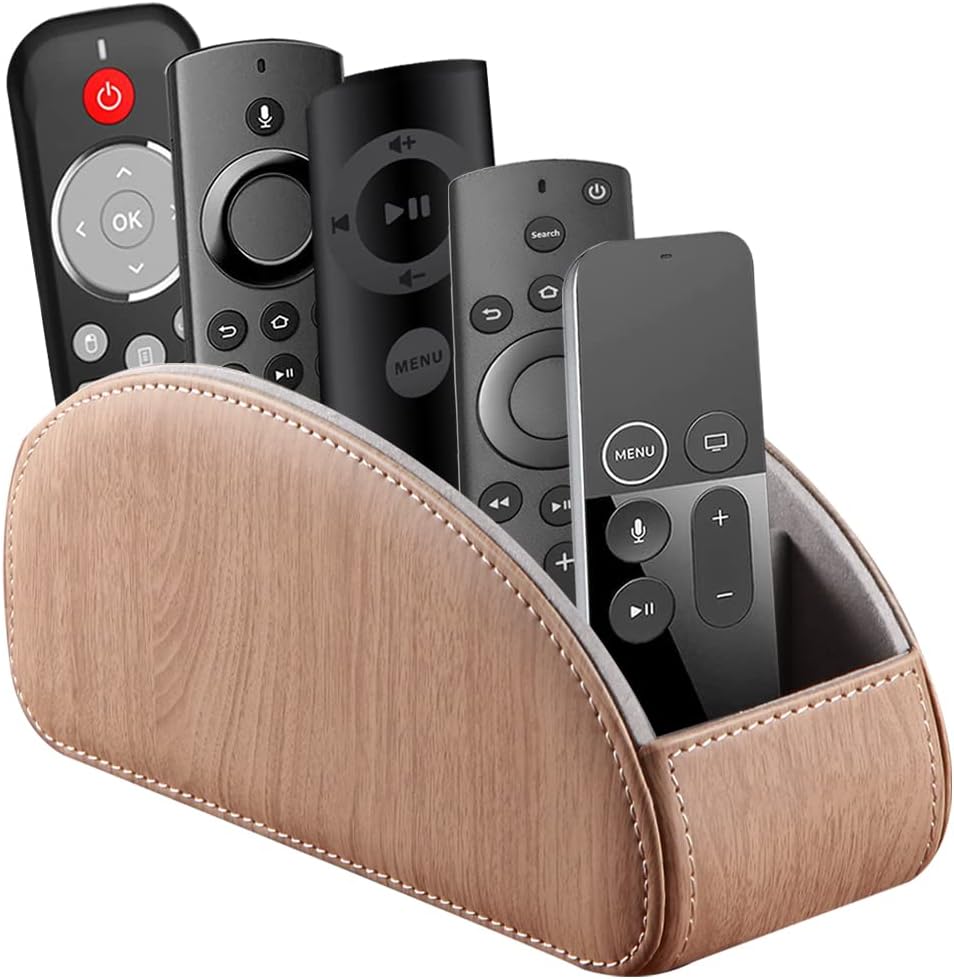 All-in-One Leather TV Remote Control Holder With 5 Compartments Nightstand Desktop DVD Media Player Remote Caddy Storage Box Organizer Tray For Makeup Brush Pen Stationary Table Controllers by YAPISHI