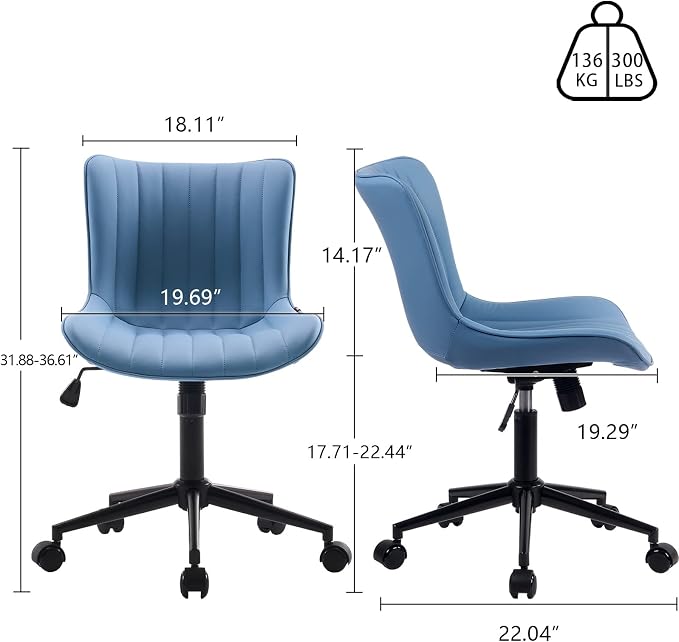 YOUNIKE Office Desk Chair with Wheels Armless Vanity Chair Modern Blue | Faux Leather Upholstered with Rocking Back, Swivel Height Adjustable Small Cute Computer Rolling Task Chair Ergonomic 300lb - Image 2