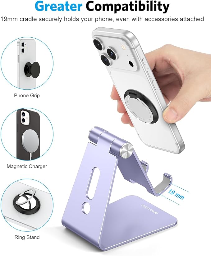 OMOTON Adjustable Cell Phone Stand, C2 Aluminum Desktop Cellphone Stand with Anti-Slip Base and Convenient Charging Port, Fits All Smart Phones, Haze Purple | Sturdy 3mm Aluminum, Charging Port, 270° Adjustable, Non-Slip Silicone Pads, Works with Thick... - Image 5