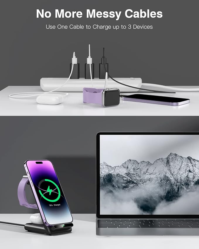 Wireless Charging Station,3 in 1 Charging Stand for Apple Multiple Devices | Fast Wireless Charger for Apple Watch Ultra 11 10 9 8 7 6 SE 5 4 3, for iPhone 17/Air/16/15/14/13/12,for AirPods Pro (Black) - Image 8