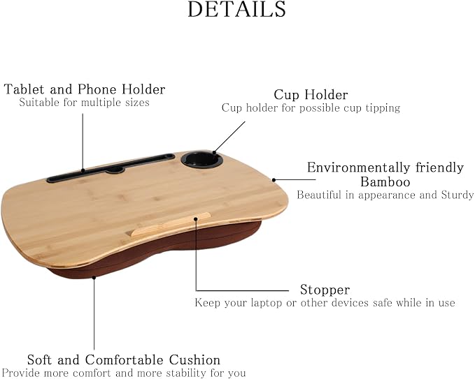 SUMISKY Lap Desk-Portable Laptop Table with Cushion Bamboo Platform Phone Holder L(21.6"x13.8") with Cup Holder - Image 3