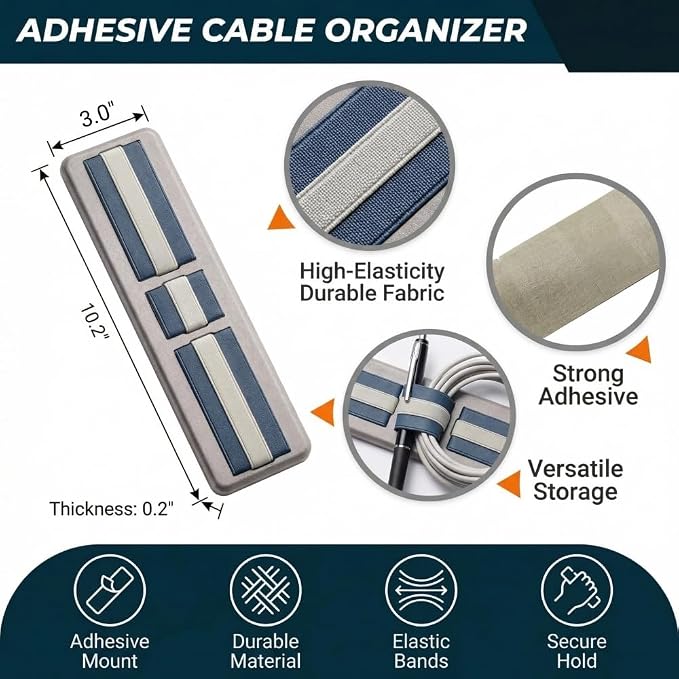 3-Pocket Adhesive Hard Drive Holder for Laptop, Mouse Holder for Laptop, SSD, USB Drive, Mouse, Cables (Blue) - Image 2