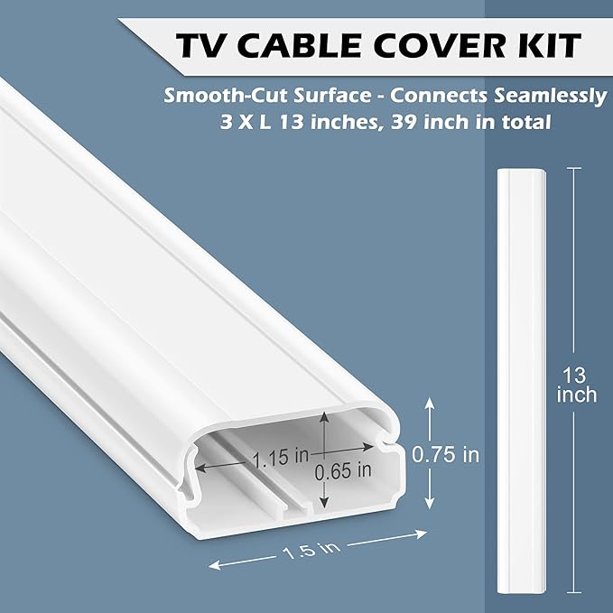 TV Cord Hider - 39in(3xL13in) Cord Covers for Wall Mounted TV Cable Hider Wall Kit | Wire Hiders for TV on Wall, Wire Covers for Cords, Cable Concealer Hide Cords, 1.5" W x 0.75" H, White - Image 2