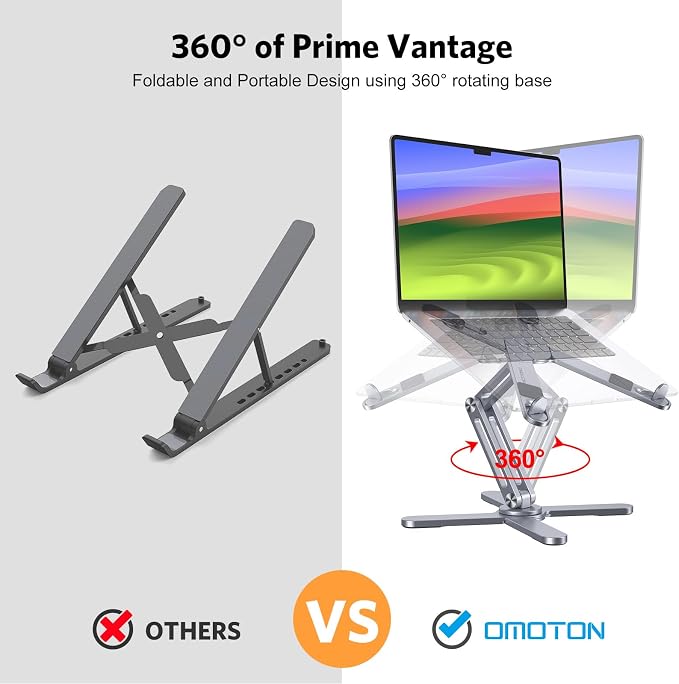 OMOTON LA10 360° Rotating Laptop Stand Riser Foldable for Desk, Space Grey | Aluminium Aolly, Adjustable Height Angles, Collaborative Work, Easy Storage, Fits Laptops up to 17", for MacBook Pro/Air HP - Image 2