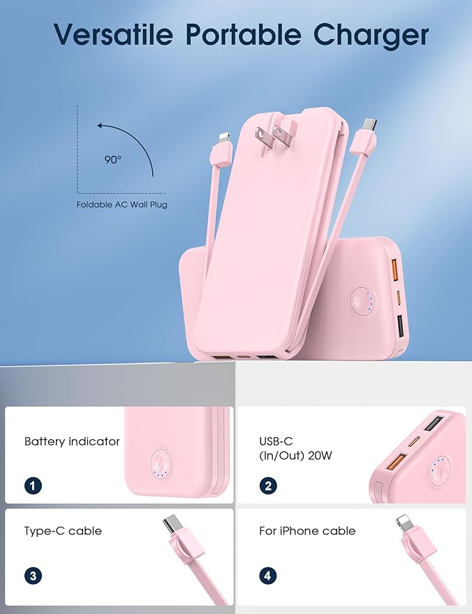 Nusyddy Portable Charger 10000mAh Fast Charging w/Built-in Wall Plug Pink | PD20W Fast Charging, LED Indicator, Pass Through Charging, TSA Approved, Compact/Slim, Power Bank for iPhone/iPad/Samsung - Image 3