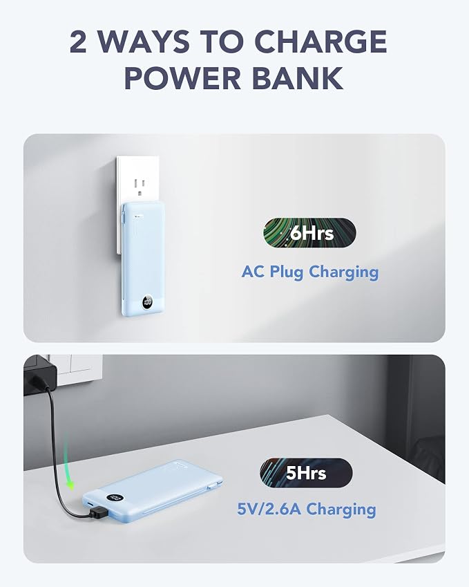 VRURC Portable Charger, Power Bank Built-in Cables and AC Wall Plug | USB C Power Bank 10000mAh, Travel Essentials Phone Charger Compact External Battery Pack For Smart Phones, Tablets etc-Blue - Image 5