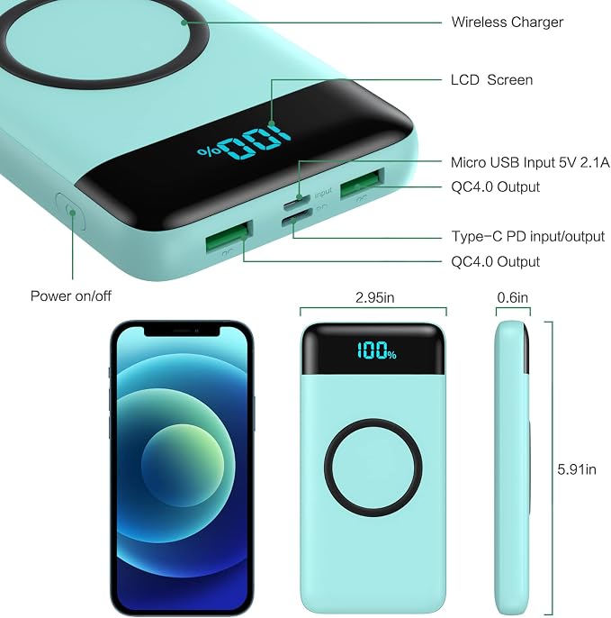 Wireless Portable Charger 30,800mAh,15W Wireless Charging USB C Power Bank,25W PD QC 4.0 Fast Charging 4 Outputs Travel Essentials Battery Pack Compatible with iPhone 17/16/15/14,Galaxy,Android-Green - Image 6