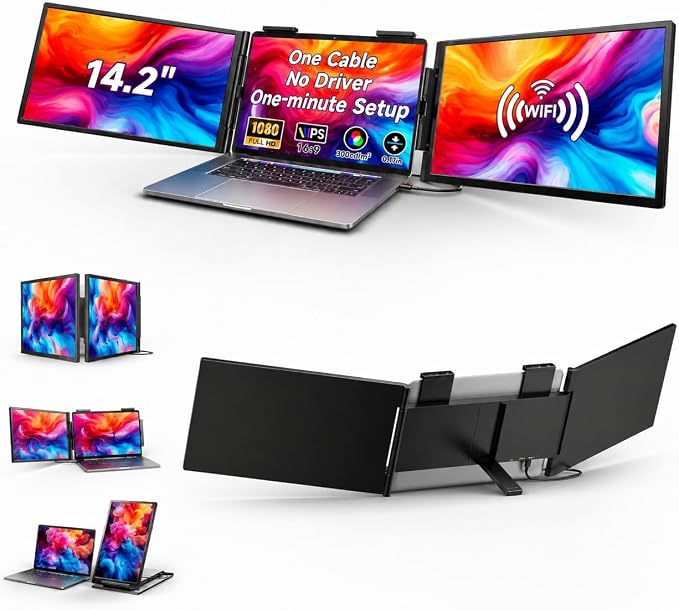One Cable No Driver Laptop Screen Extender,14" FHD 1080P IPS Portable Monitor,1-Min Setup USB-C Plug and Play, Ultra-Slim Triple Screen for 12-15.6" Laptops Windows/MacOS/Android by Unknown