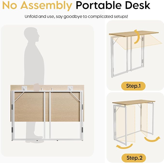 39.4" Folding Desk: No Assembly, Wood Top for Small Spaces | 39.4 in dual-monitor workspace, holds 150 lbs, folds flat to 2.3 in, splash-proof top, home office or gaming - Image 7
